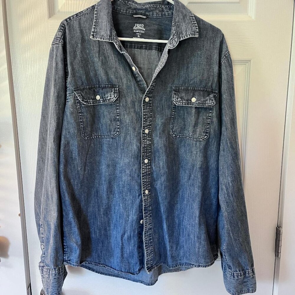 Izod Men's Salt Water, Button Down, Long Sleeve, Denim Shirt, Slim Fit, XL